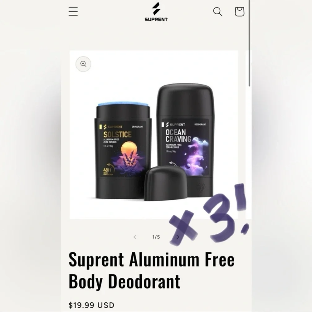 Bundle 3x NEW NIP SEALED SUPRENT OCEAN CRAVING Aluminum-free Men's Deodorant 50g
